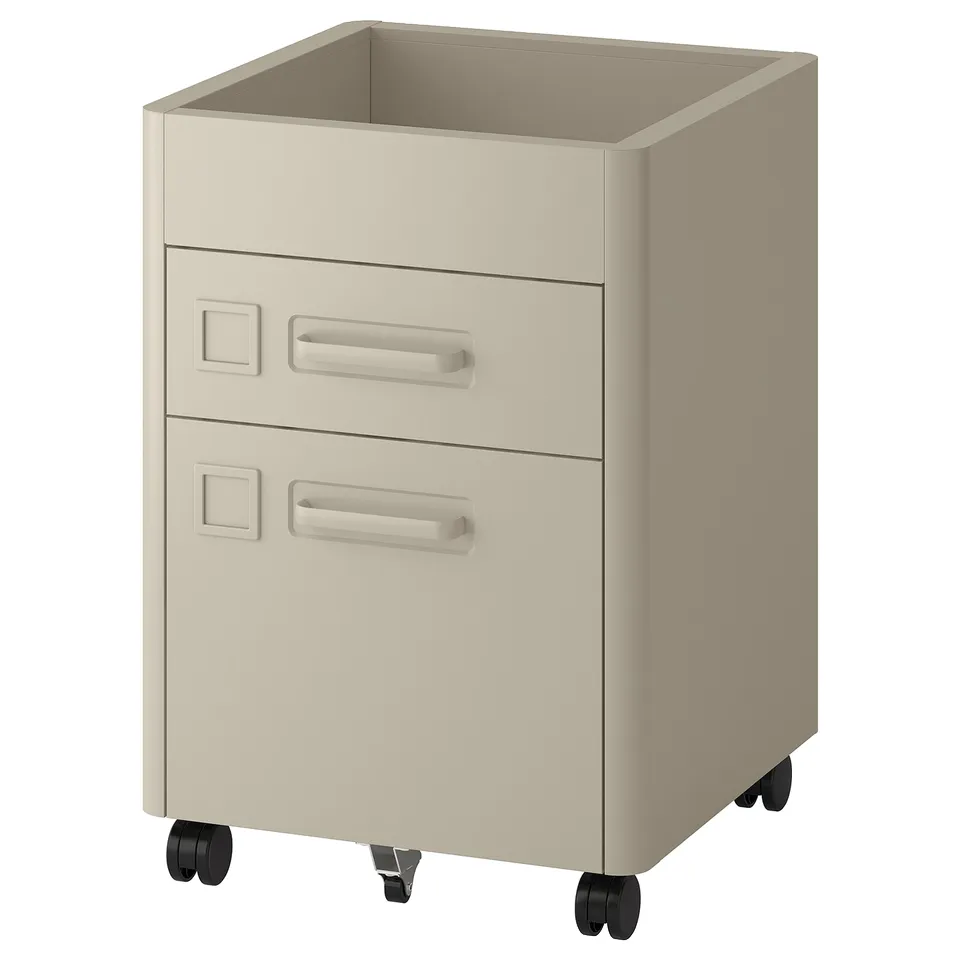 IDÅSEN beige mobile filing cabinet with two drawers on wheels for easy movement.