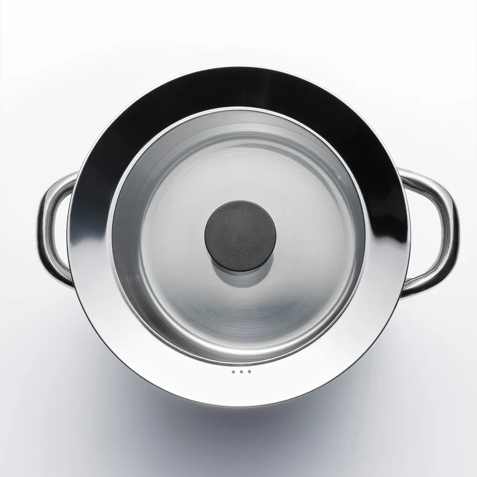 Stainless steel pots with glass lids & handles, assorted sizes.