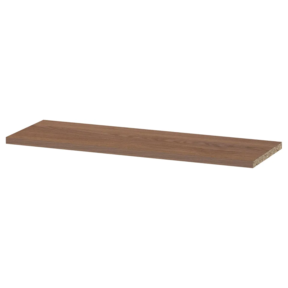 A BILLY adjustable shelf in brown. Made of particleboard, it a rectangular, flat design with no visible edges. Ideal for extra storage.
