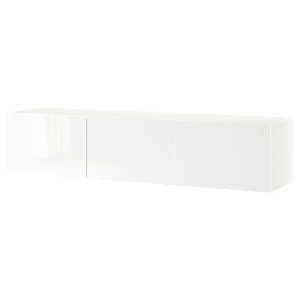White BESTÅ tv bench, rectangular shape with smooth surfaces and adjustable shelves.
