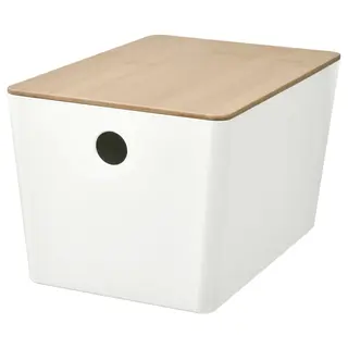 KUGGIS box with lid, white/bamboo, 18x26x15 cm
