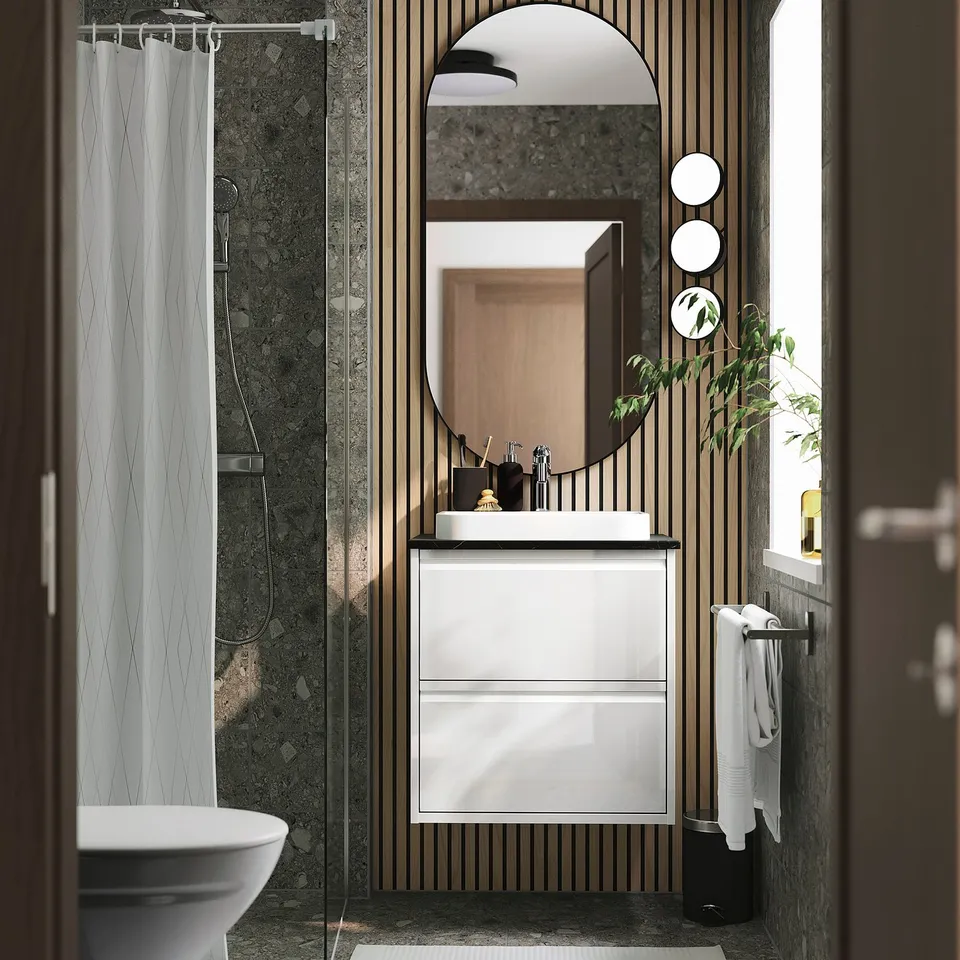 Modern ÄNGSJÖN white washstand, mirror, basin, towels, wall-mounted.