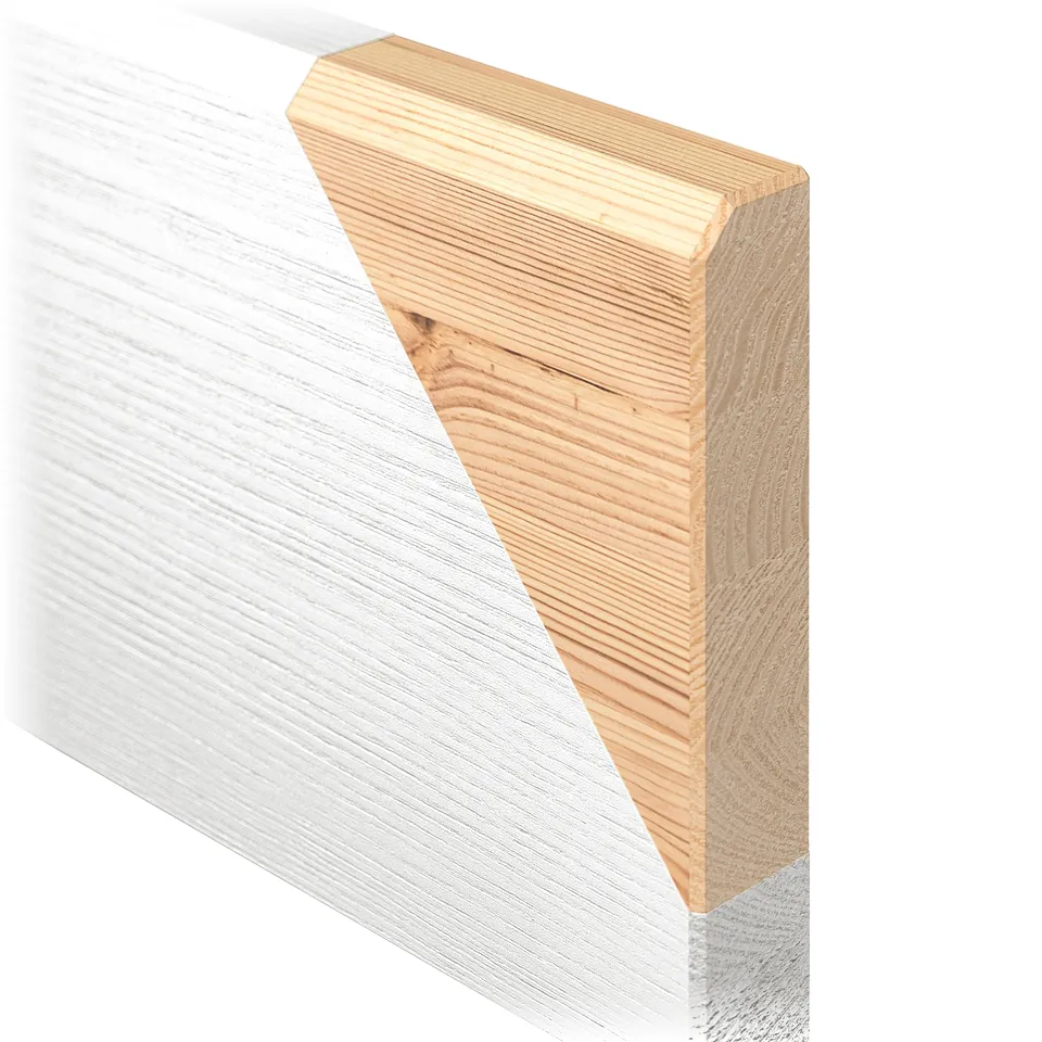 A corner of wooden furniture. Top with solid pine, clear lacquer. Underneath is fiberboard.