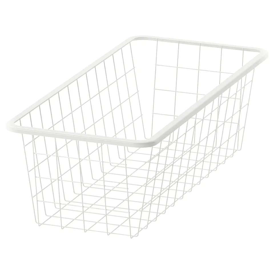 A white JONAXEL wire storage basket. Its rectangular with a grid design and is perfect for organising clothes or accessories.
