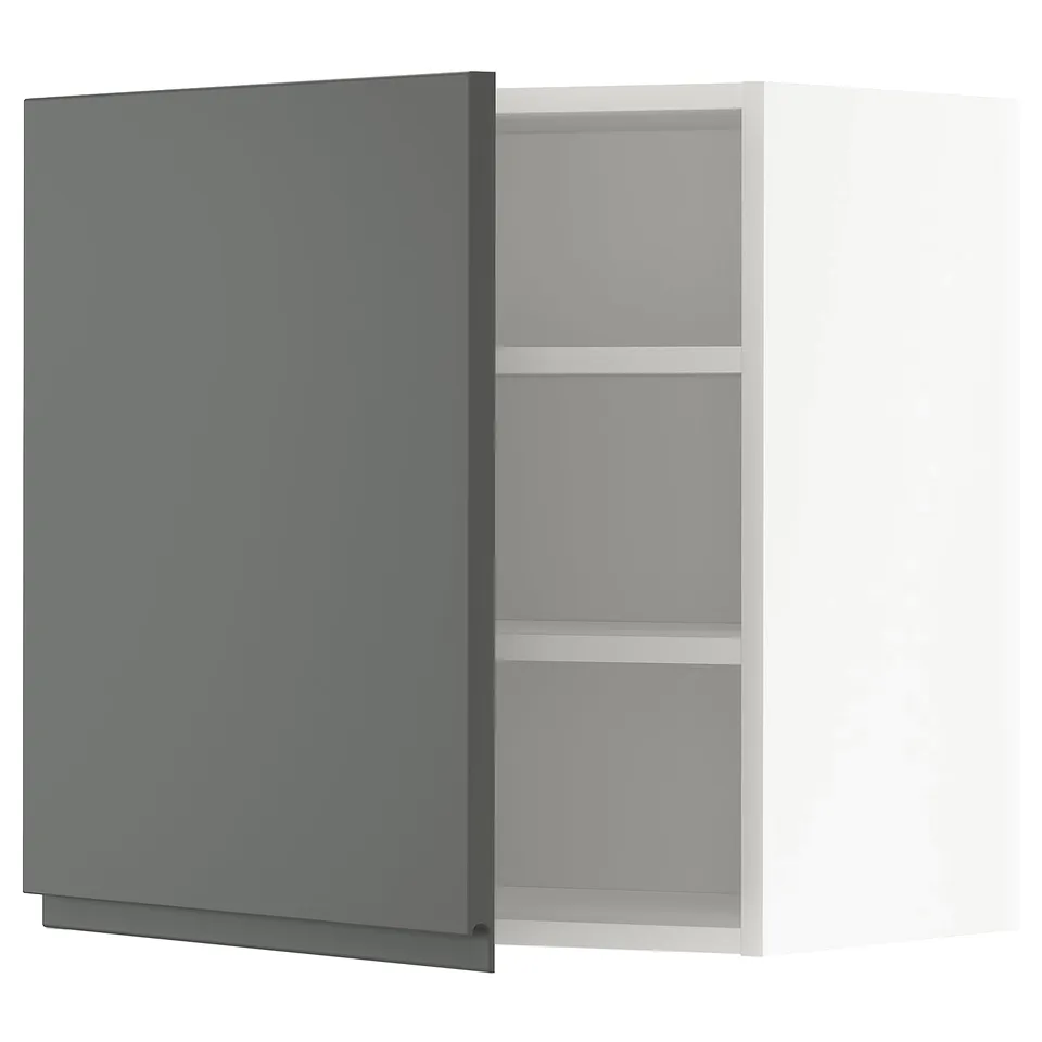 Dark grey, modern kitchen cabinet with shelves, two-tone design, adjustable shelf.