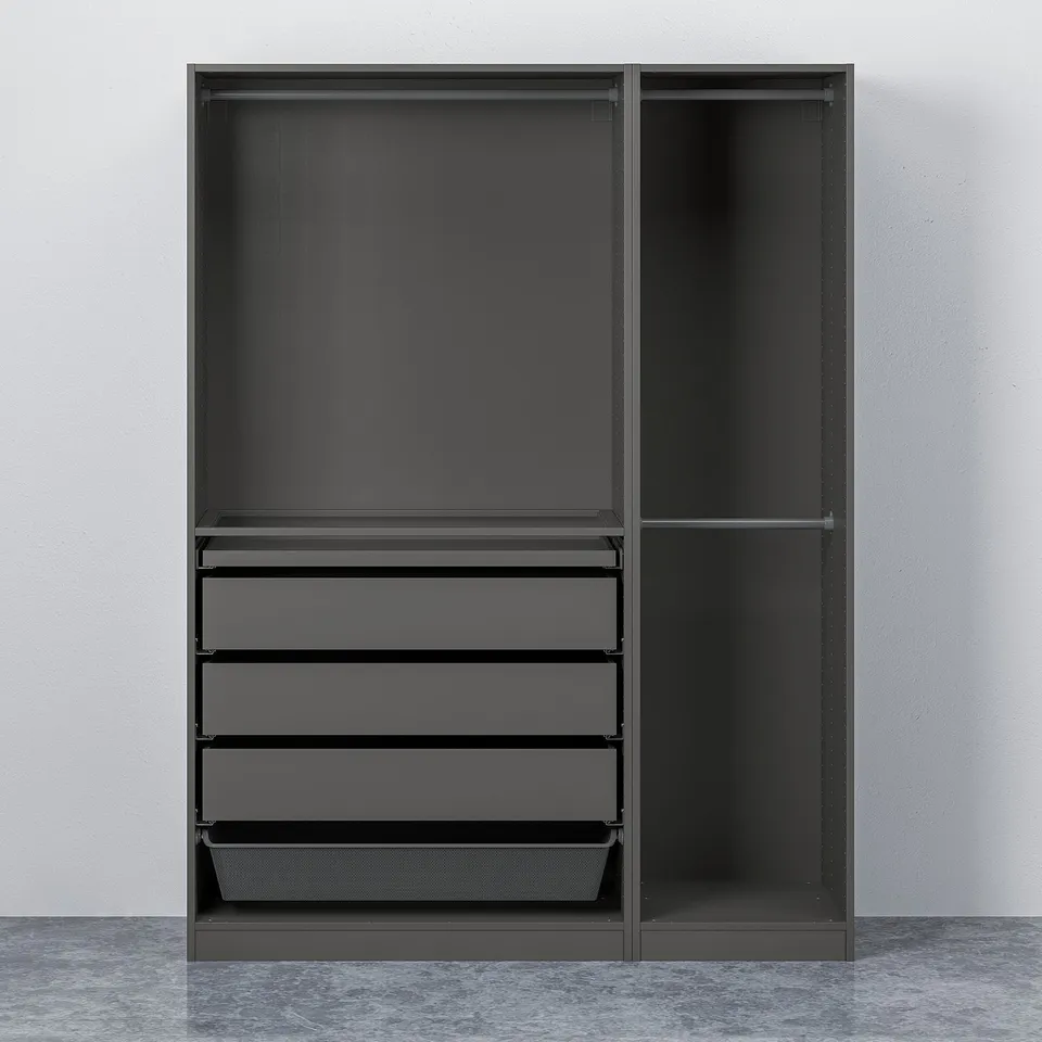 Black PAX wardrobe with shelves, drawers, mesh basket and hanging rail.