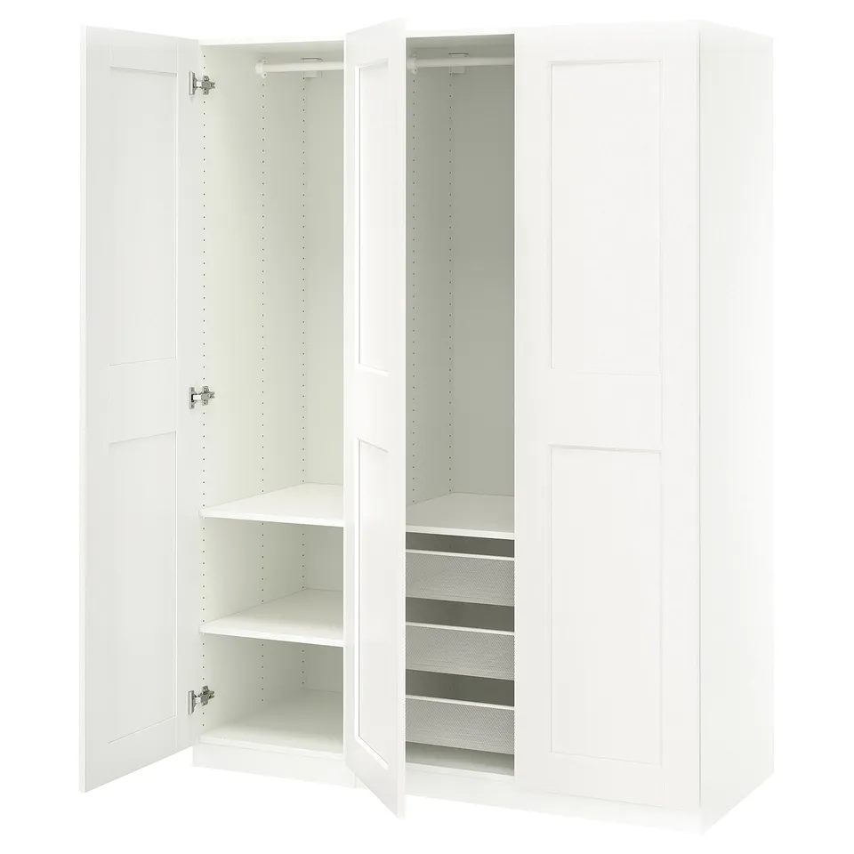 White PAX wardrobe with open door, shelves, and mesh basket.