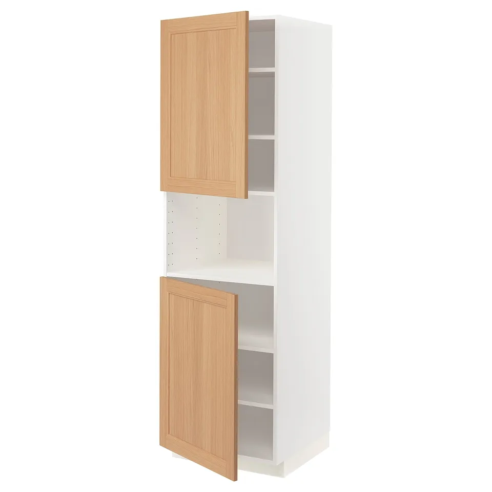 A white METOD kitchen cabinet with wooden doors, one open. This version keeps the essential details and maintains the character count.