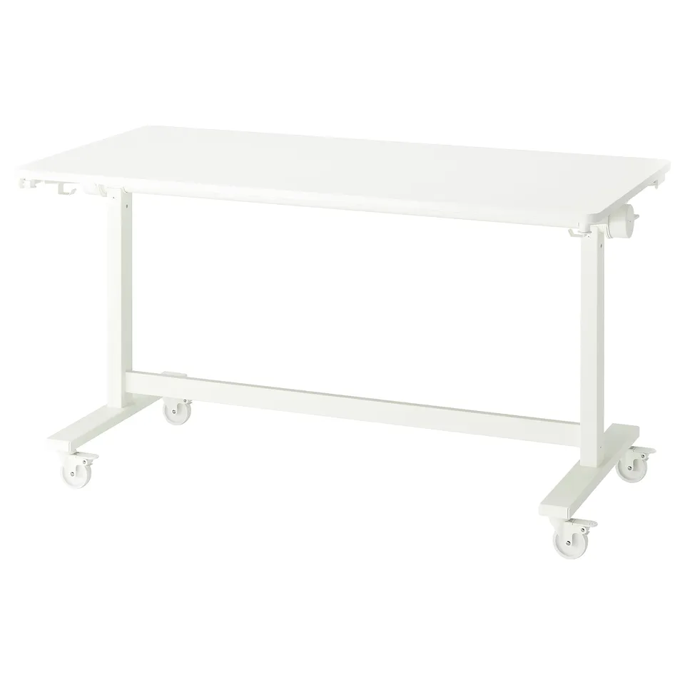 Meet MITTZON, a white rollable meeting table with adjustable height, four casters, and foldable design. Ideal for flexible workspaces.