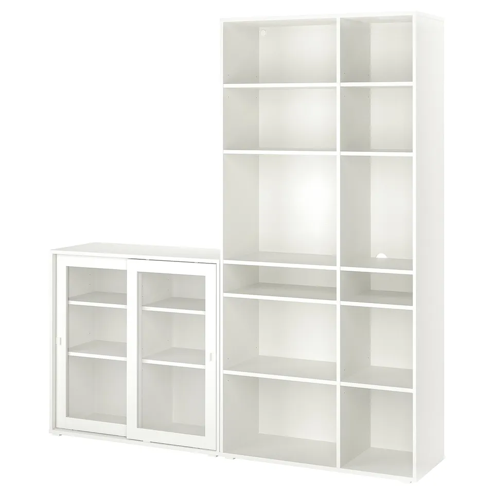 A white VIHALS storage set with open and glass-door cabinets for organising and displaying items.