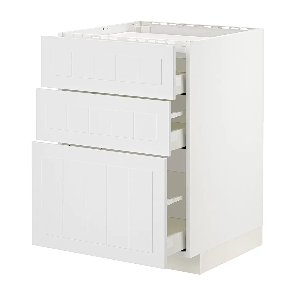 White ikea METOD kitchen cabinet with three drawers.