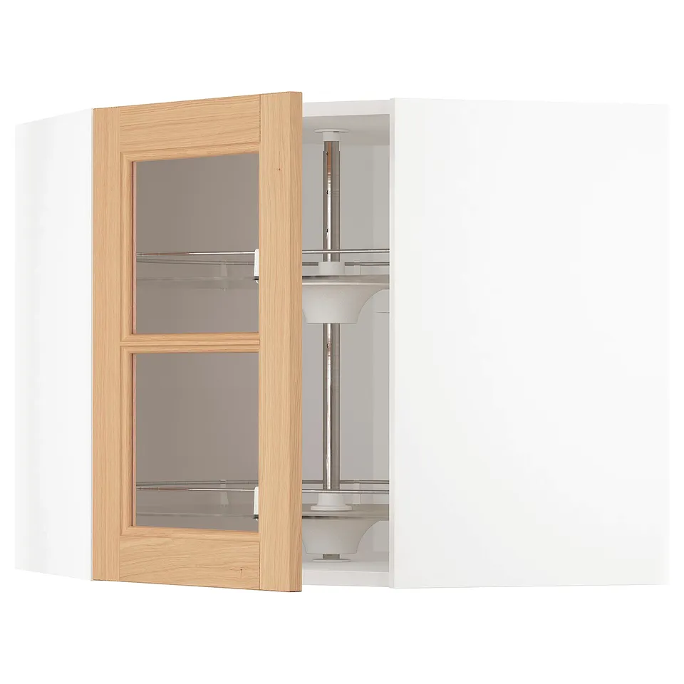 Open ikea METOD wooden cabinet, light oak, glass shelves.