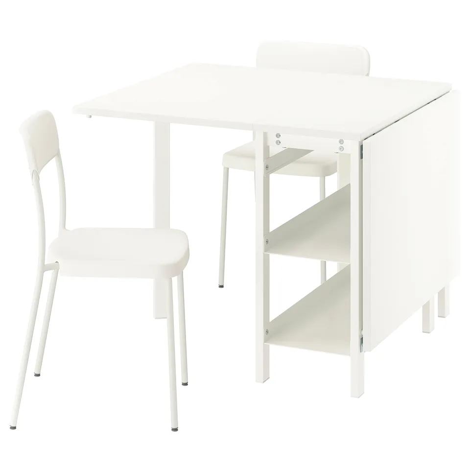 VIHALS white dining set with table & chairs. Table has foldable sides & storage, chairs are modern plastic.