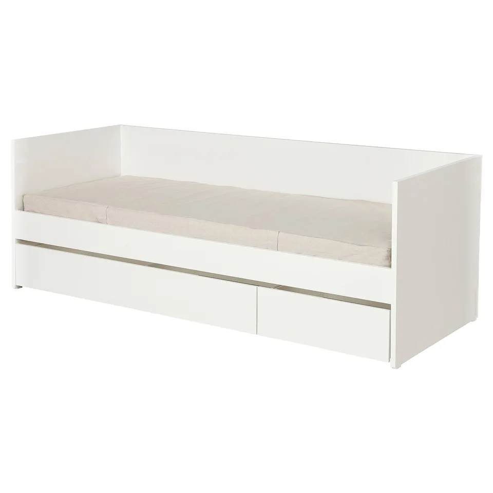 White VIHALS daybed with built-in storage, slim design, ideal for compact spaces.