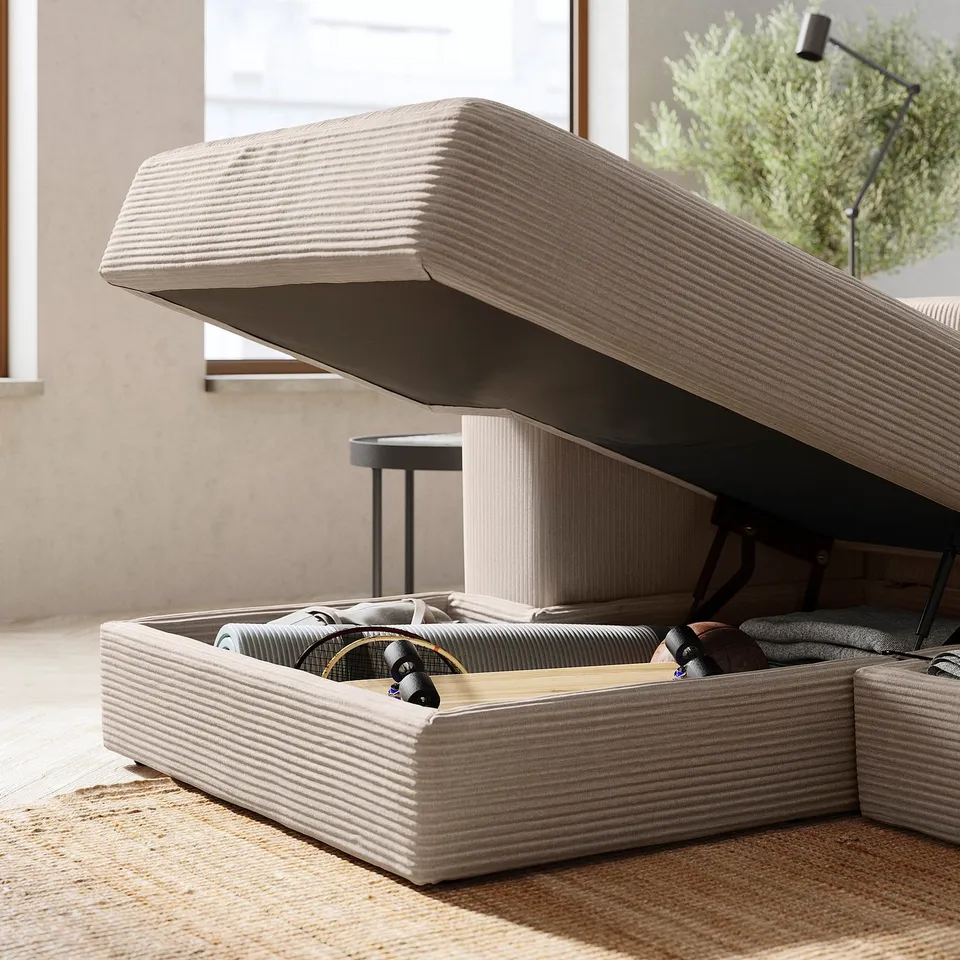 Modern sofa with storage in beige, corduroy fabric; soft cushions, clean lines; lifted seat showing items inside.