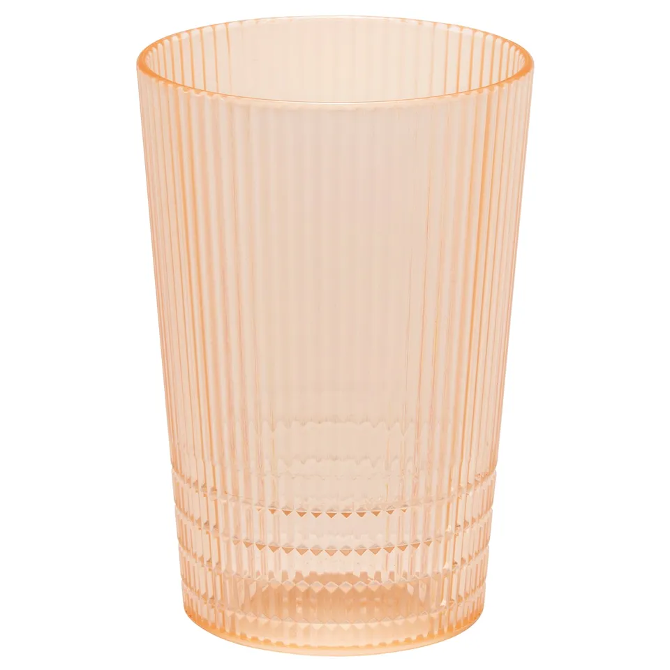 Orange plastic cup, ribbed, durable, reusable.