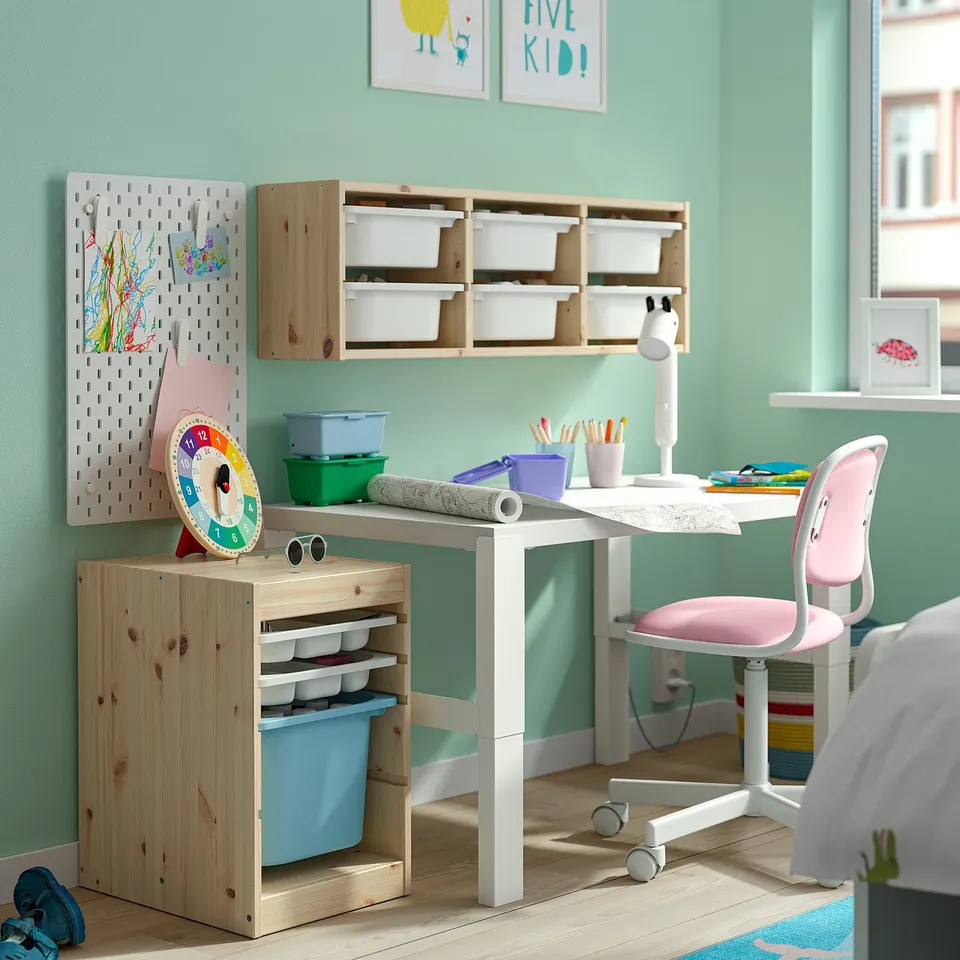 TROFAST Storage combination with box/trays, light white stained pine white/light blue, 32x44x53 cm