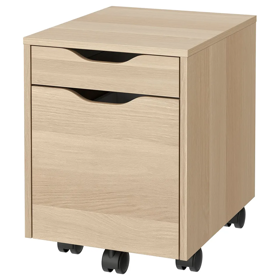 Light wood mobile filing cabinet with two drawers and black wheels.
