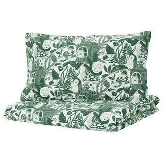 SKOGSDUVA duvet cover and pillowcase, white green/forest pattern, 150x200/50x80 cm