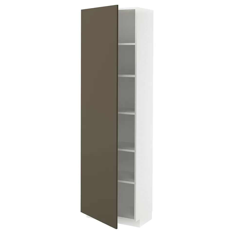 White tall kitchen cabinet with dark brown door, adjustable shelves.