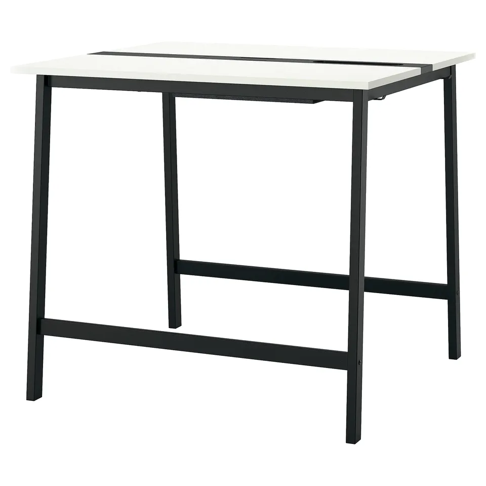 The MITTZON high conference table with a white top and black metal legs, featuring a sleek, modern design ideal for both sitting and standing.