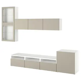 BESTÅ TV storage combination/glass doors, white Lappviken/light grey-beige clear glass, Width 300 x Depth 42 x Height 211 cm