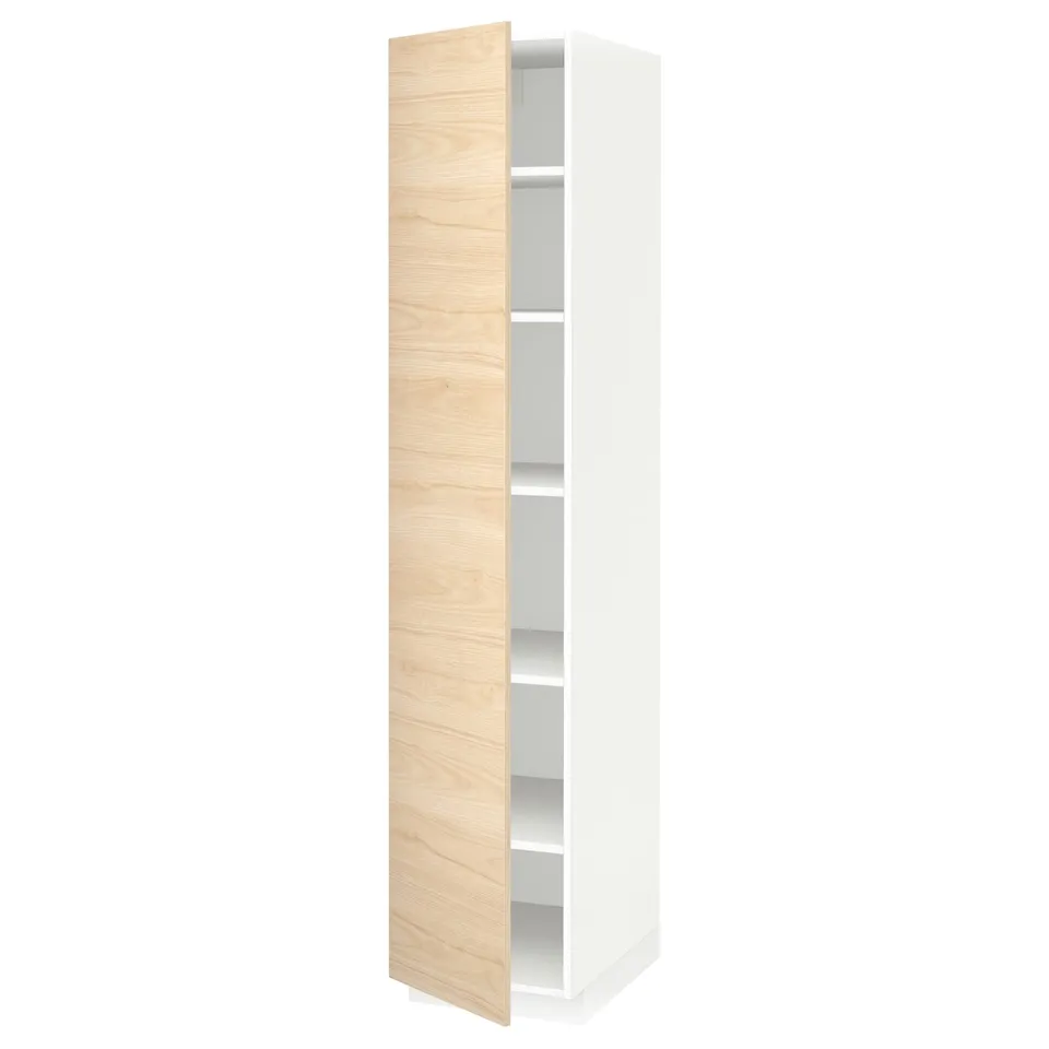 A white and light wood tall cabinet with an adjustable shelf from the METOD kitchen system.