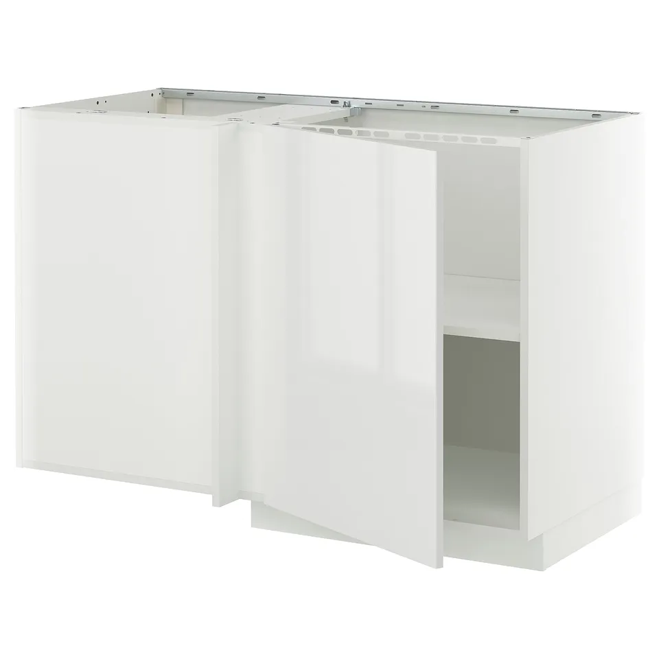 A white METOD kitchen cabinet with a modern, glossy design. It a sturdy frame, adjustable shelves, and snap-on hinges.