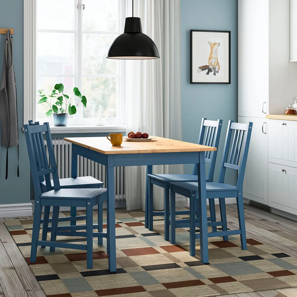 PINNTORP pine dining set: wooden table & blue chairs, cosy & compact