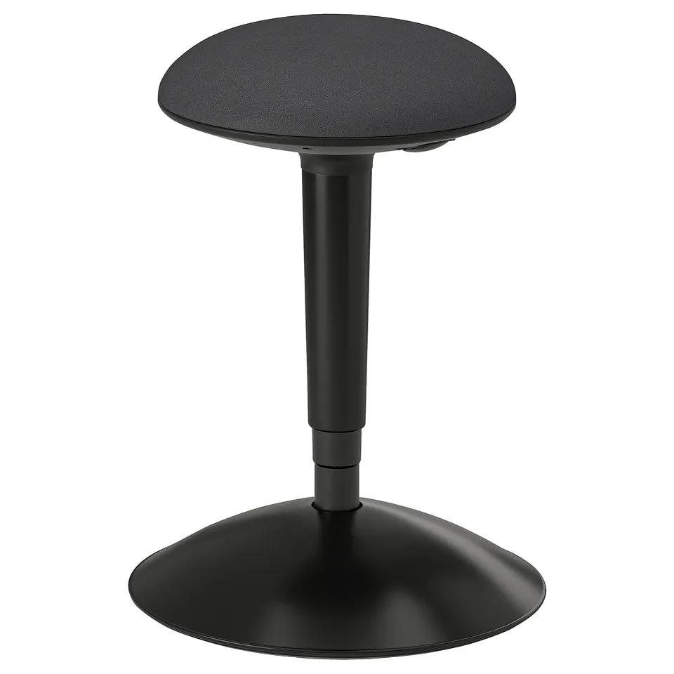 Black adjustable office stool with circular seat and base, featuring padded seat and gas height adjustment.