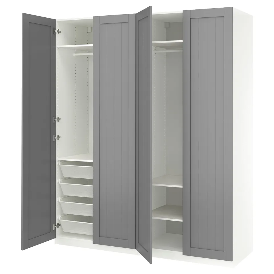 Displays a PAX wardrobe in grey with various organisational. The wardrobe includes shelves and wire baskets for storage.