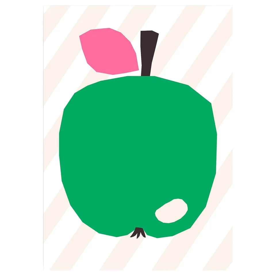 Green apple poster with pink leaf and black stem on striped background.
