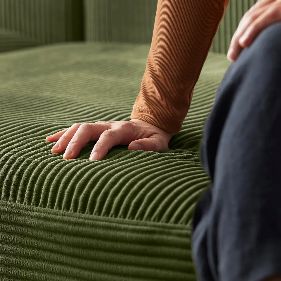 Person touching green JÄTTEBO sofa, feeling fabric.