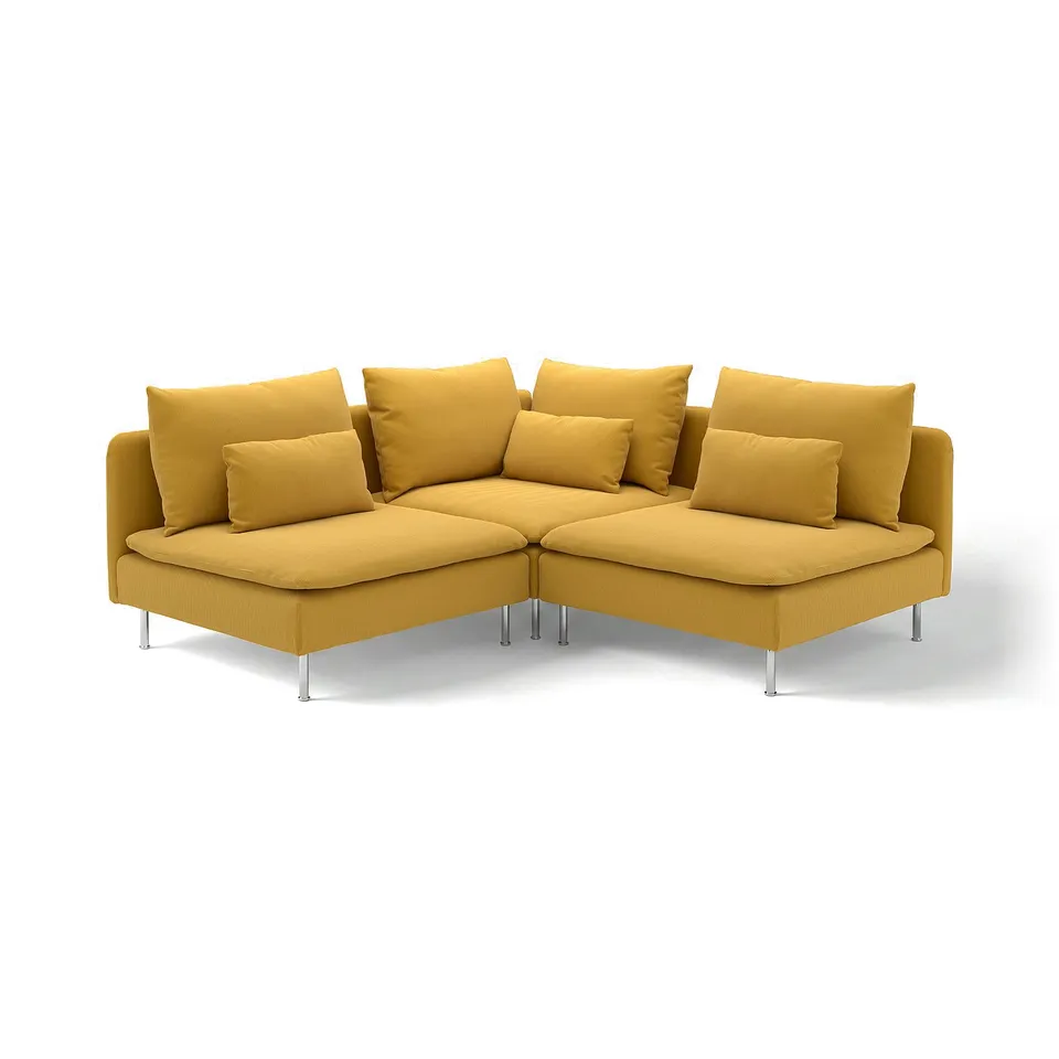 Mustard yellow SÖDERHAMN modular sofa with plush cushions and chrome legs.