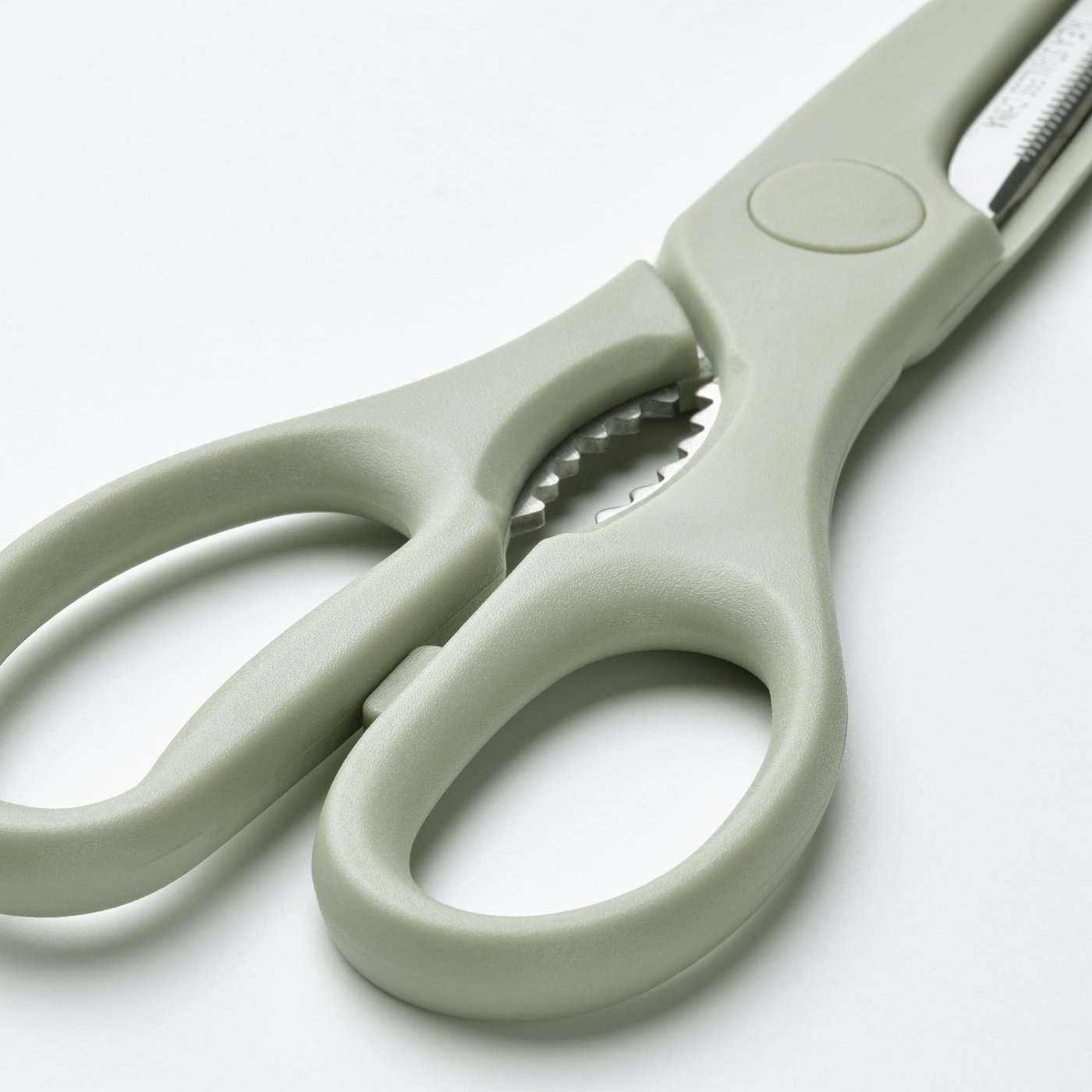 Green scissors with stainless steel blades and serrated bottle opener in handle, designed for both right and left-handed users.