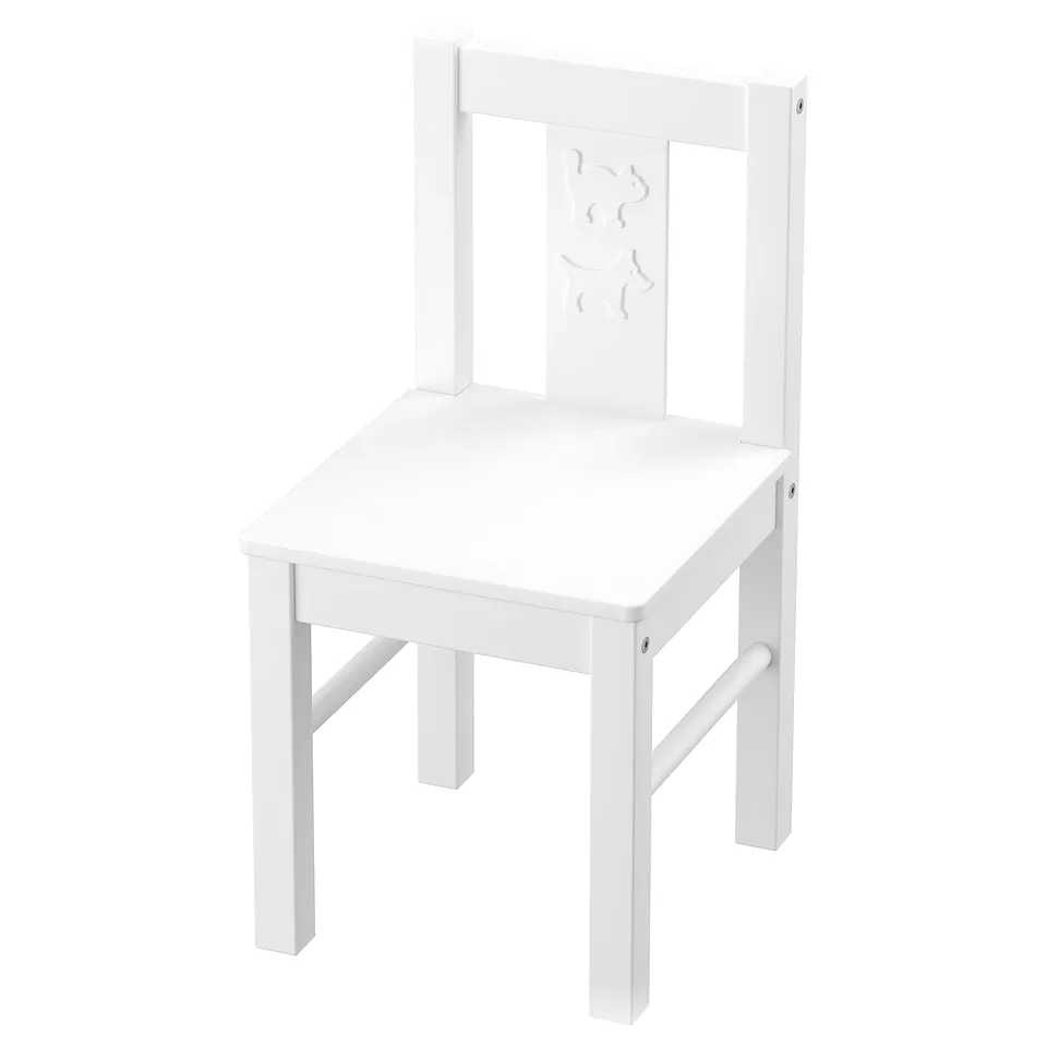 White childrens chair, KRITTER, square seat, wooden legs, plastic back with cutout shapes.