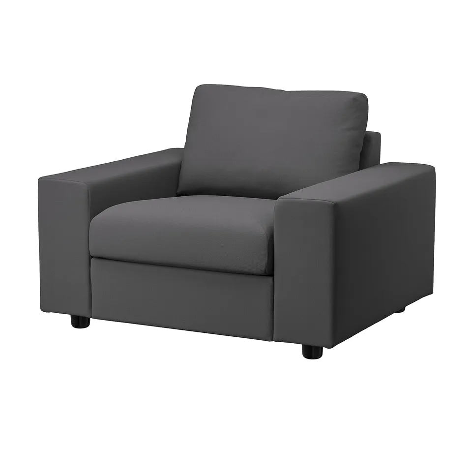 VIMLE grey sofa, modern design, boxing style cushions, foam-filled seats.