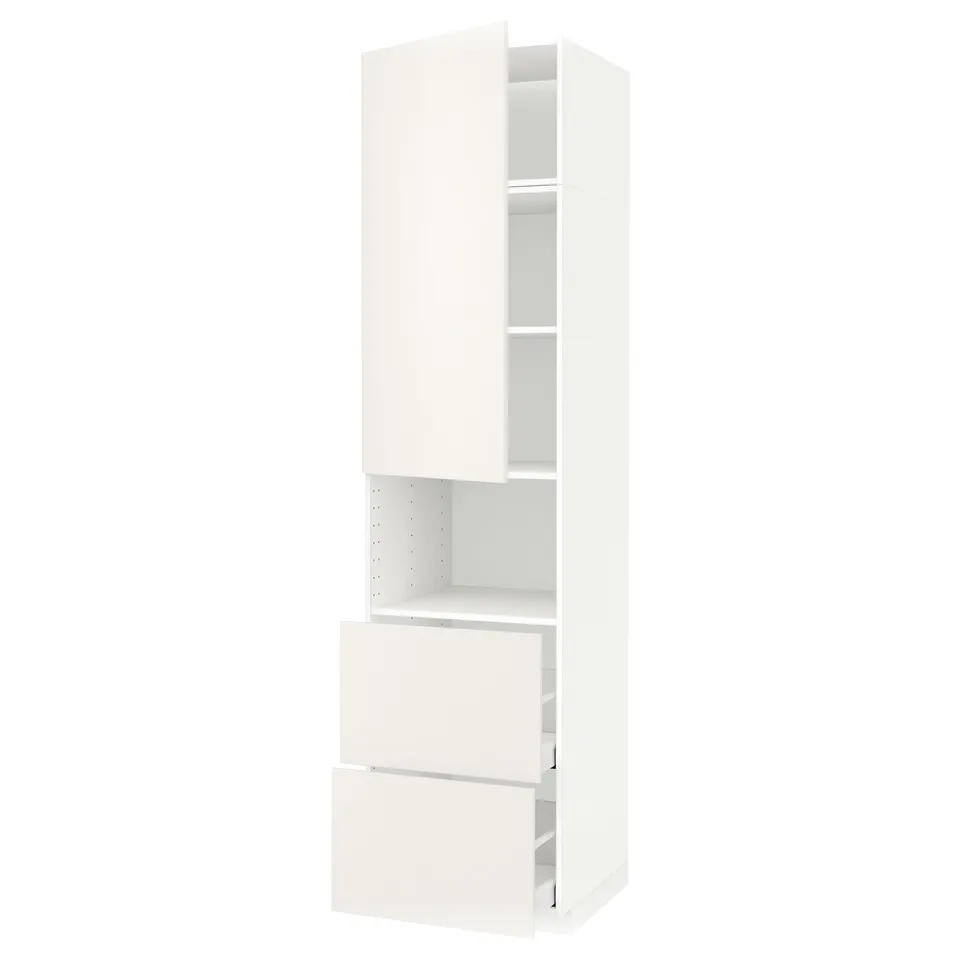 A METOD kitchen cabinet in white with smooth, modern lines. It has a tall, rectangular shape with multiple compartments.