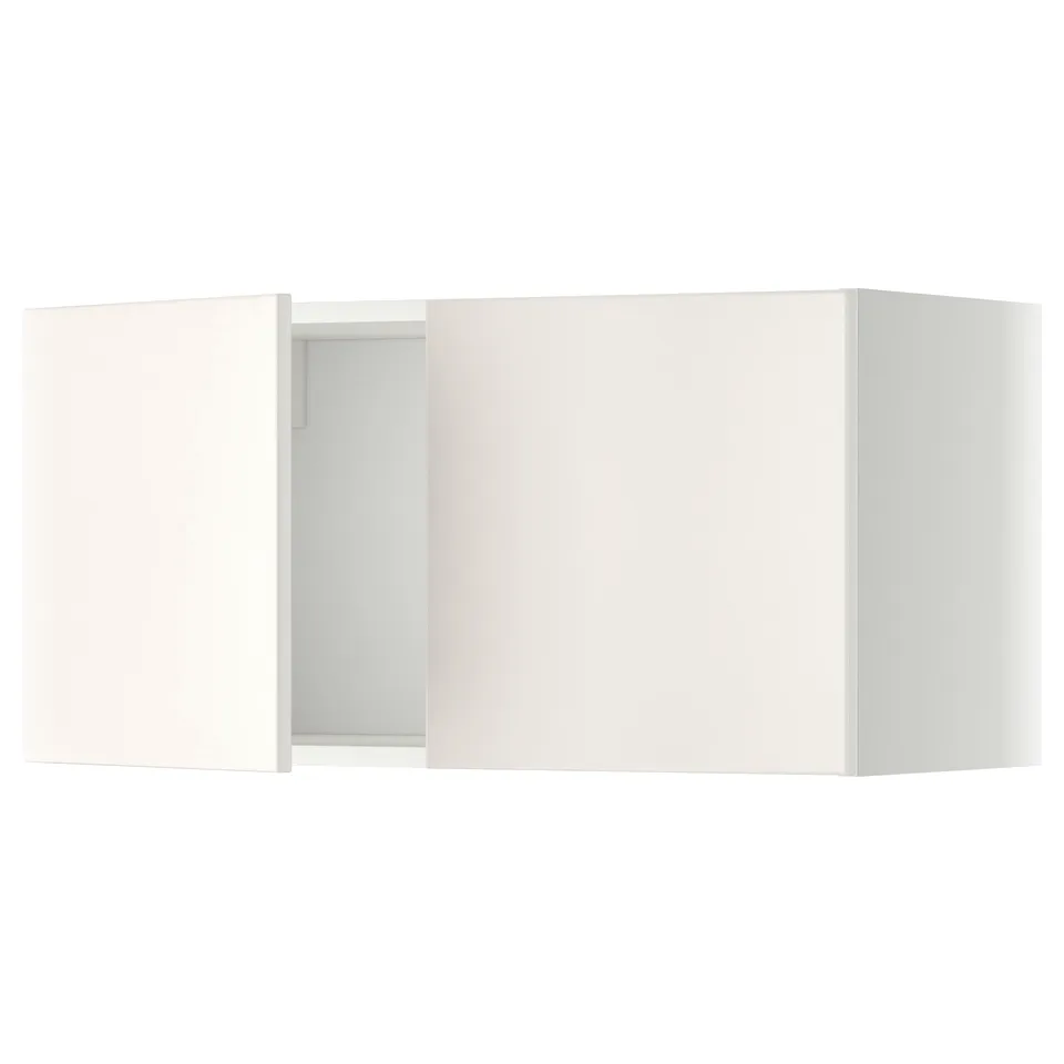 Modern white kitchen cabinet; sleek, square design, two doors; part of ikea METOD series.