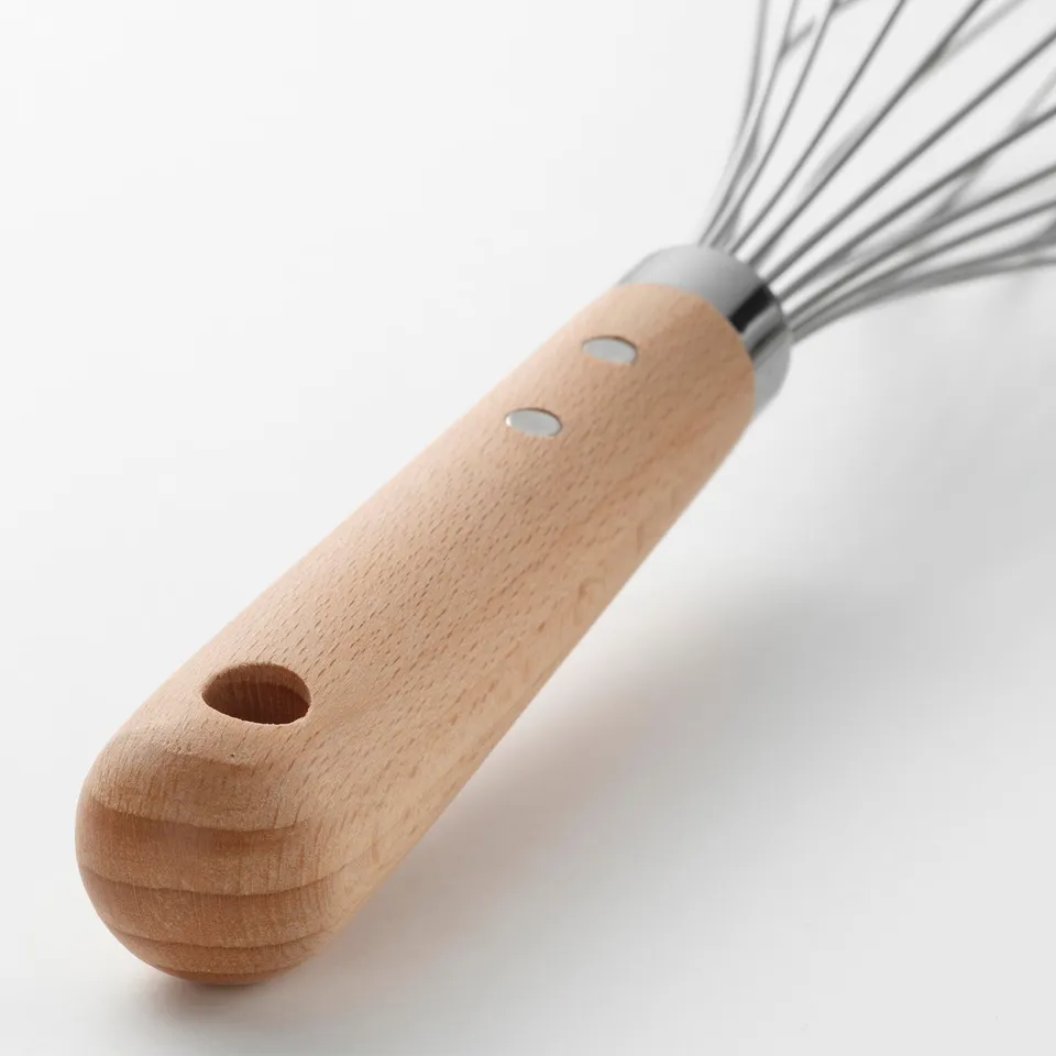 Wooden-handled whisk, durable and stylish. Stainless steel wires, hanging hole in handle.