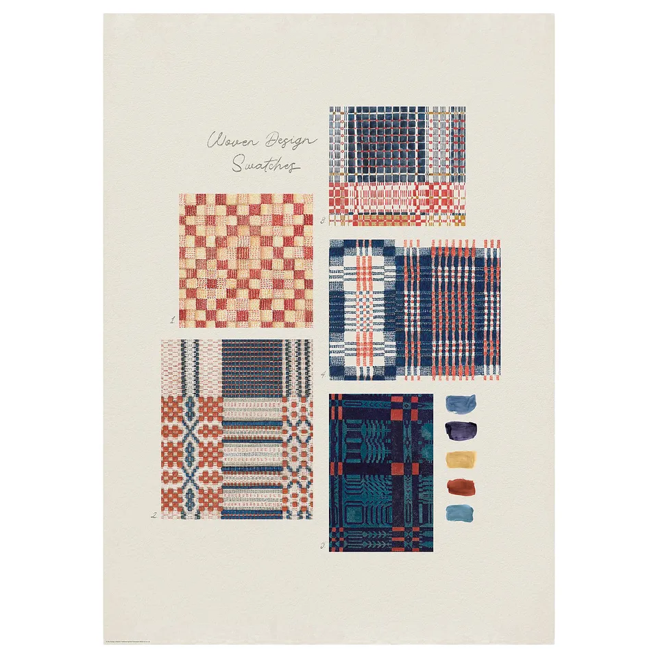Colourful woven design swatches. Red, blue, orange patterns on beige paper.