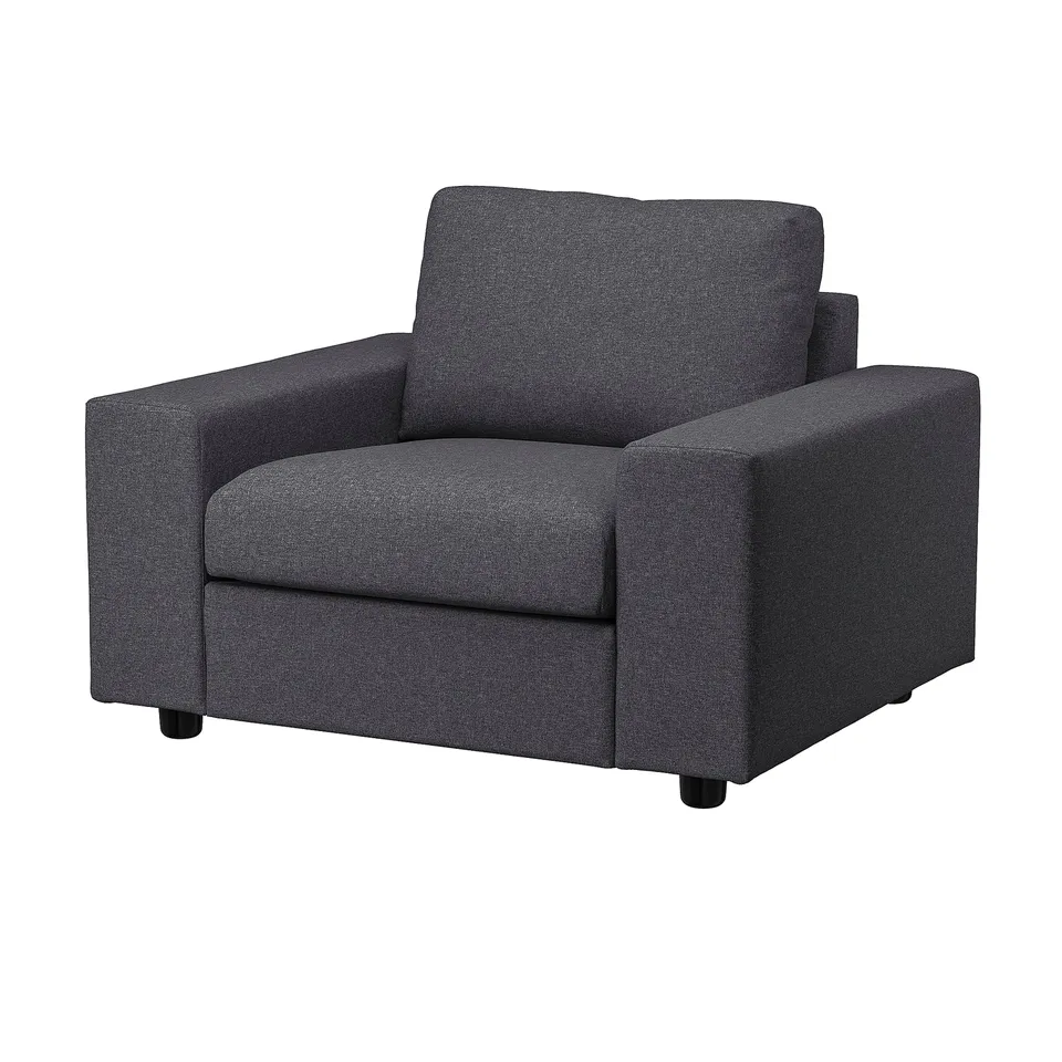 VIMLE grey armchair; modern, boxy design; dark fabric; square shape.