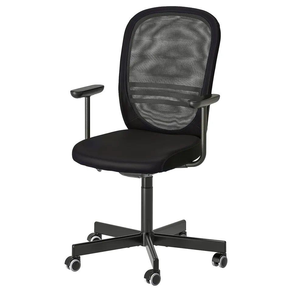 FLINTAN office chair: black, mesh back, adjustable armrests, five wheels, ergonomic design.