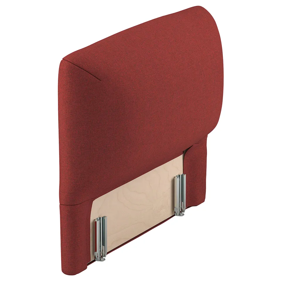It's a red, upholstered headboard with curved styling and wooden brackets.