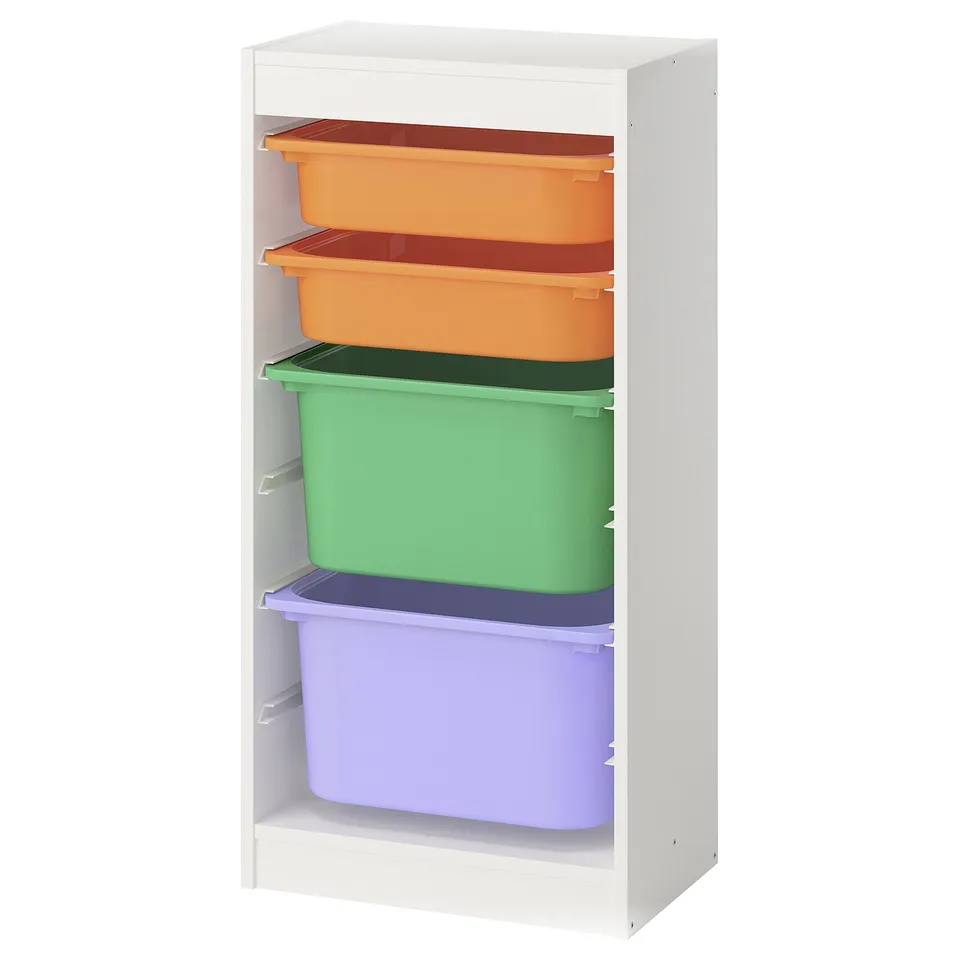 TROFAST colourful kids storage unit: white frame with orange, green, purple bins; plastic.