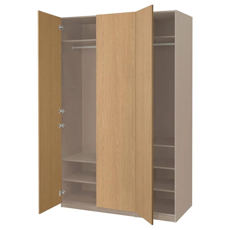 PAX wardrobe: light wood, tall, single row with shelves, gentle-closing doors, simple design.