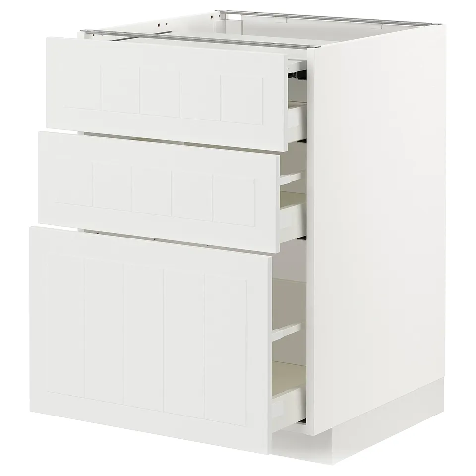 White METOD kitchen unit with three full-extension drawers and a soft-close mechanism.