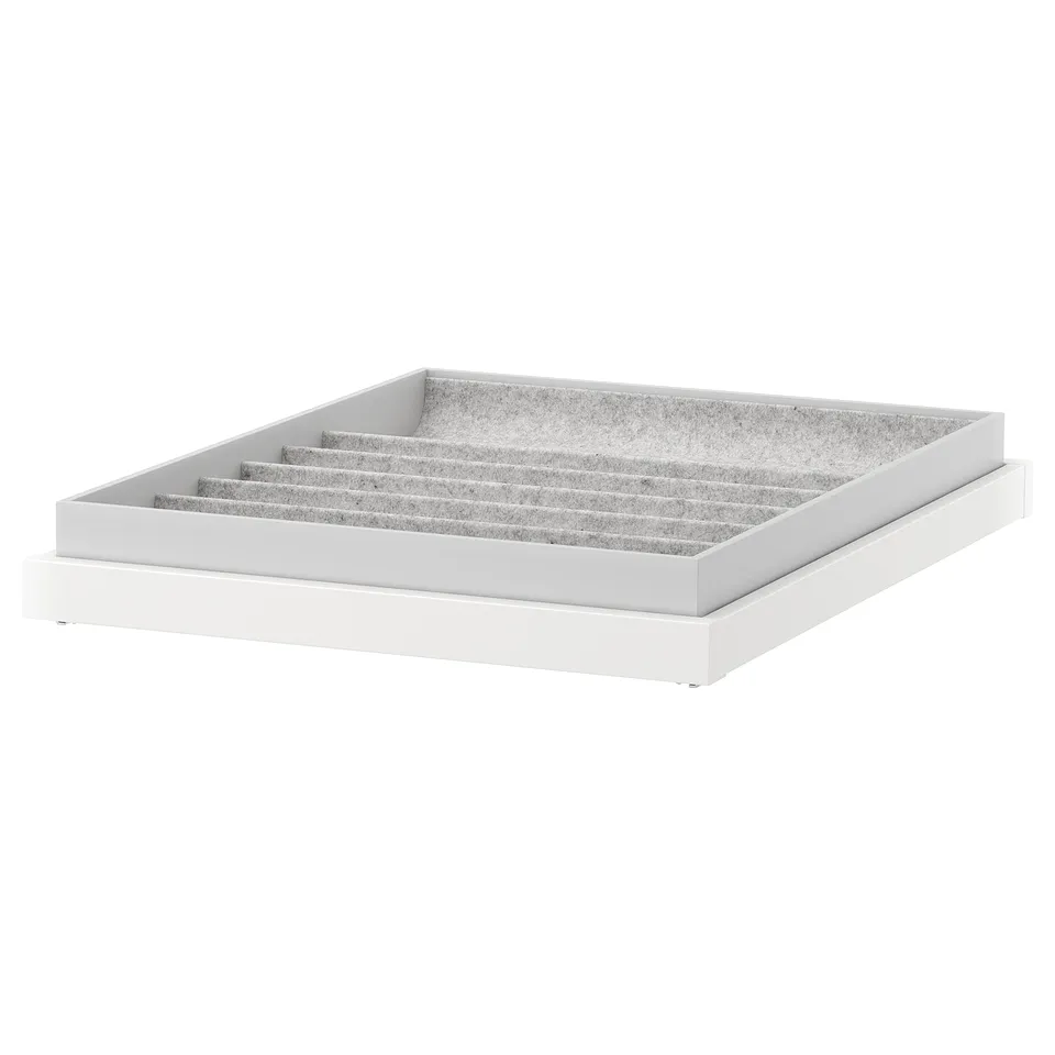 KOMPLEMENT, white tray with compartments for accessories, felt lining, pulls out, soft close.