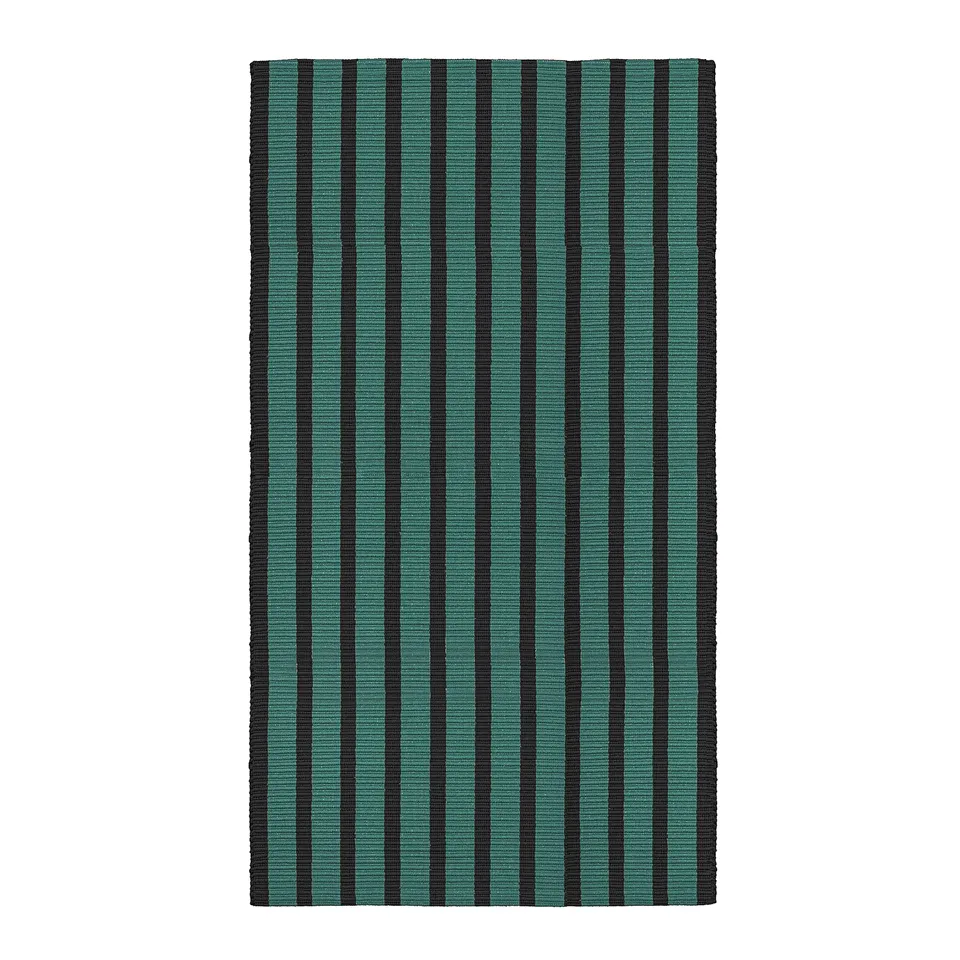 VÄGSKYLT rug, blue-green & black stripes, rectangular, cotton.