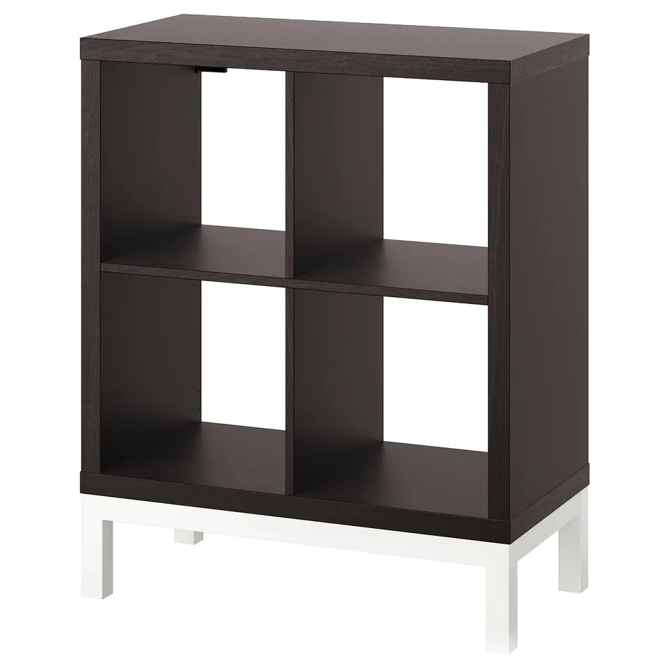KALLAX dark brown shelving, 4 compartments, 4 white legs, modern.